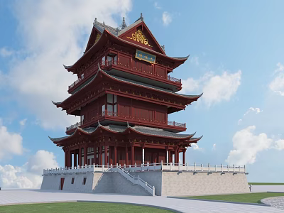 Traditional Chinese Ancient Tower With Red Structure Overhanging Eaves And White Base Under Blue Sky 3d model