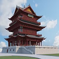 Traditional Chinese Ancient Tower With Red Structure Overhanging Eaves And White Base Under Blue Sky