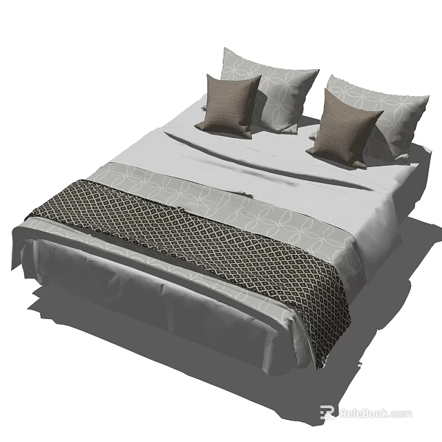Modern Double Bed With Gray Sheets Brown Pillows And Decorative Blanket 3d model