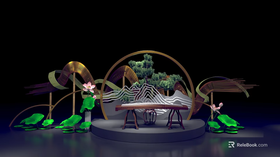 Chinese Style Photo Check In Spot With Golden Circular Arch Mountain Pattern And Lotus Elements 3d model 