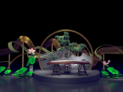 Chinese Style Photo Check In Spot With Golden Circular Arch Mountain Pattern And Lotus Elements 3d model