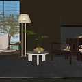 Modern Lounge Chairs in Interior Space With Round Coffee Table Floor Lamp and Green Plants