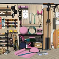 Sports Equipment Storage Display with Skateboards Kettlebells Exercise Balls Hula Hoops Yoga Mats and Surfboards