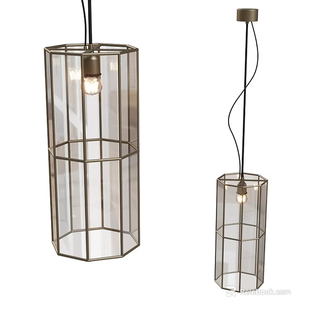 Modern Minimalist Cylindrical Pendant Lights with Metal Frame and Transparent Glass 3d model 
