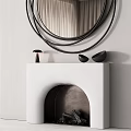 Modern Fireplace With Circular Mirror White Mantel Black Interior And Decor Items 3d model