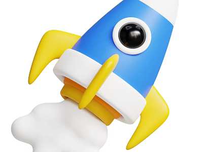 Colorful 3D Toy Rocket Design With Blue Yellow White Body And Smoke Trail 3d model