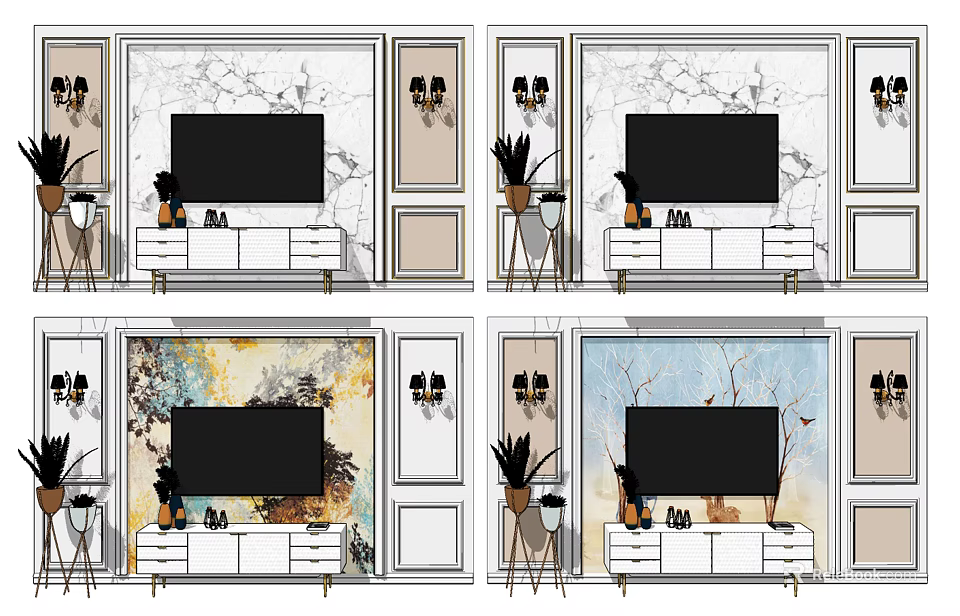 Modern TV Background Wall Design With Marble Texture Wall Sconces And Decorative Plants 3d model