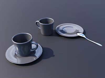 Two Gray Cups with Matching Saucers and a Spoon on Dark Background 3d model