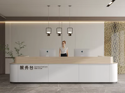 Modern Reception Desk Area With Female Receptionist Computers Hanging Lights Feature Wall And Marble Floor 3d model