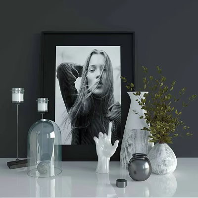 Elegant Decorative Ornament Combination With Framed Photo Candleholders Hand Sculpture Vases Greenery On Tabletop 3d model