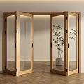 Open Folding Doors With Wooden Frame And Transparent Glass In Interior With Herringbone Flooring