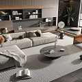 Light Beige Sofa and Round Coffee Table Set with Colorful Cushions Bookshelf and Striped Rug