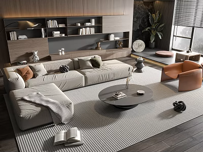 Light Beige Sofa and Round Coffee Table Set with Colorful Cushions Bookshelf and Striped Rug 3d model