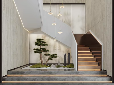 Modern Staircase Interior With Hanging Lights Small Pine Tree And Stone Decorations 3d model