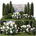 Beautiful Colorful Hydrangeas With White And Pink Blooms Surrounded By Green Trees And Stone Wall