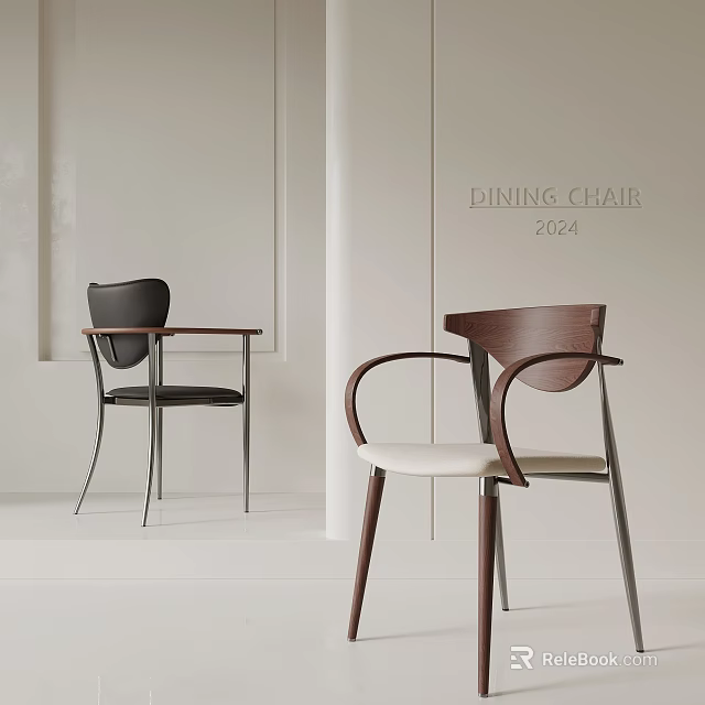 Stylish 2024 Modern Dining Chair With Wooden Armrest Metal Legs And Beige Black Seats 3d model 