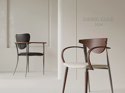 Stylish 2024 Modern Dining Chair With Wooden Armrest Metal Legs And Beige Black Seats 3d model
