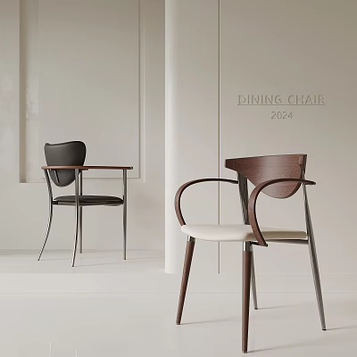 Stylish 2024 Modern Dining Chair With Wooden Armrest Metal Legs And Beige Black Seats 3d model