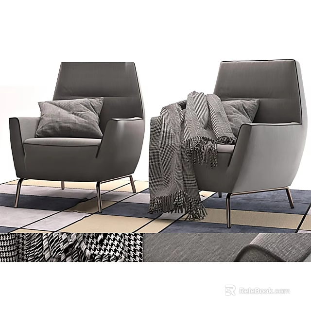 Modern Gray Single Sofa with Soft Pillow Plush Blanket and Metal Legs 3d model 