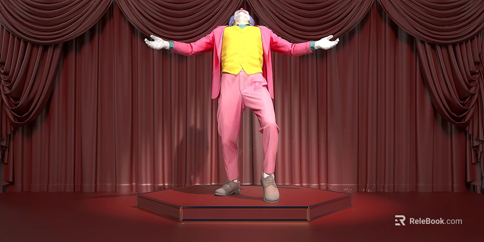 Clown In Pink Coat Yellow Vest With Mask Standing On Stage Red Curtains Arms Outstretched 3d model 