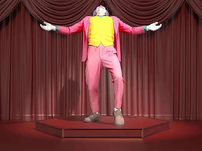 Clown In Pink Coat Yellow Vest With Mask Standing On Stage Red Curtains Arms Outstretched 3d model
