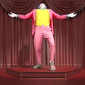 Clown In Pink Coat Yellow Vest With Mask Standing On Stage Red Curtains Arms Outstretched