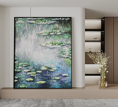 Water Lilies Painting In Modern Interior With Wall Art And Decorative Vase 3d model