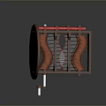Mechanical Industrial Equipment Featuring Wooden Casing Red Components Spiral Structure And Metal Stand