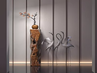Modern Decorative Ornament Set with Wooden Pillar Flowering Branch and Silver Crane Sculptures 3d model