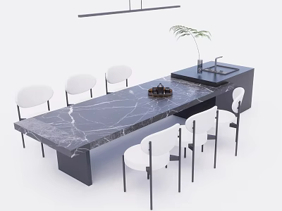 Modern Bar Counter With Marble Top White Chairs And Green Plant Decor 3d model