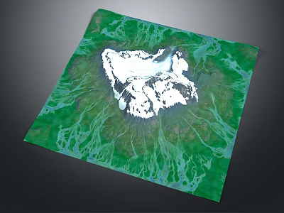 Snow Covered Central Terrain Surrounded by Lush Green Vegetation and River Like Textures 3d model