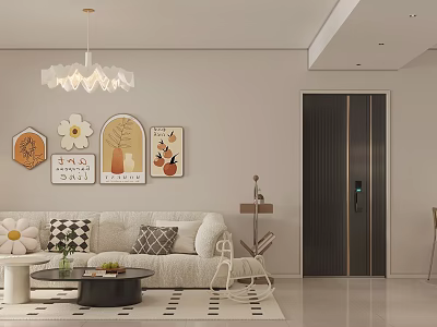 Warm Cream Style Living And Dining Room With Comfortable Sofa And Artistic Wall Decorations 3d model