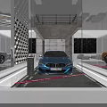 Car Dealership Showroom With Blue Gold Silver Cars Glass Display And Modern Lighting