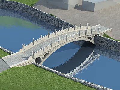 Scenic Stone Landscape Bridge With Arched Structure Stone Railings Over Water And Grass 3d model