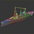 Vintage Battleship 3D Model With Turrets Masts And Crane On Water Surface
