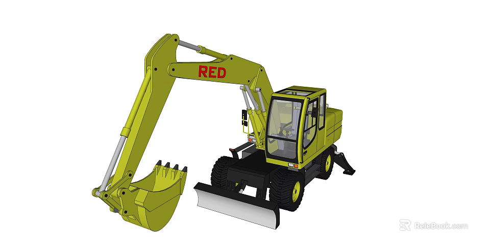 Yellow Functional Wheeled Excavator With RED Logo Front Bucket And Transparent Cab 3d model 