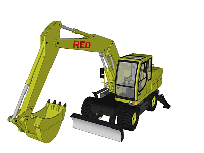 Yellow Functional Wheeled Excavator With RED Logo Front Bucket And Transparent Cab 3d model