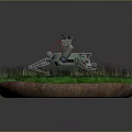 Detailed Game Character Mechanical Robot On Green Grass Circular Platform With Metal Structure And Cables