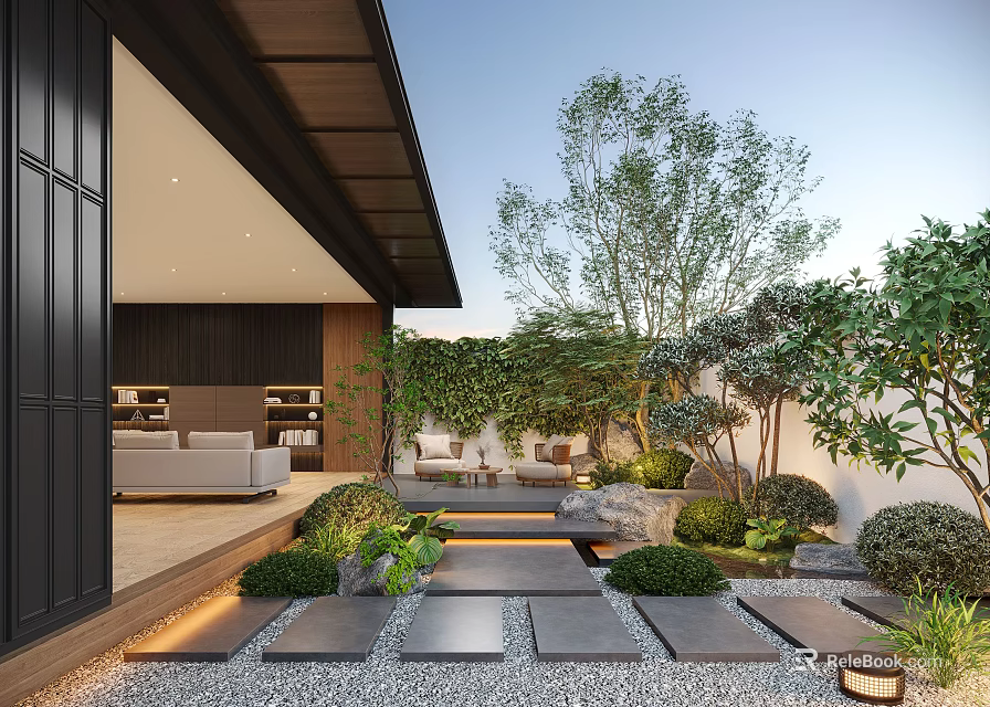 Modern Courtyard Garden With Stone Pathway Green Plants And Outdoor Seating 3d model 