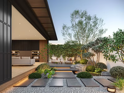 Modern Courtyard Garden With Stone Pathway Green Plants And Outdoor Seating 3d model