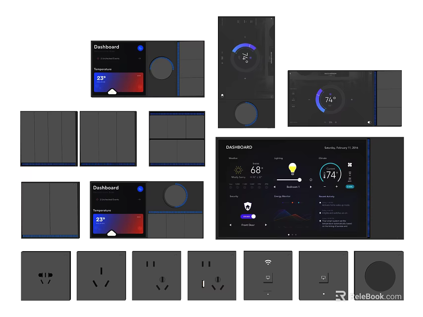 Modern Smart Switch Panels With Digital Displays Sockets And Various Designs 3d model 