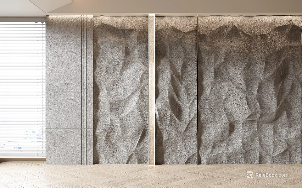 Gray Textured Background Wall With Wavy Panel Design And Wooden Frame Near Blinds 3d model 