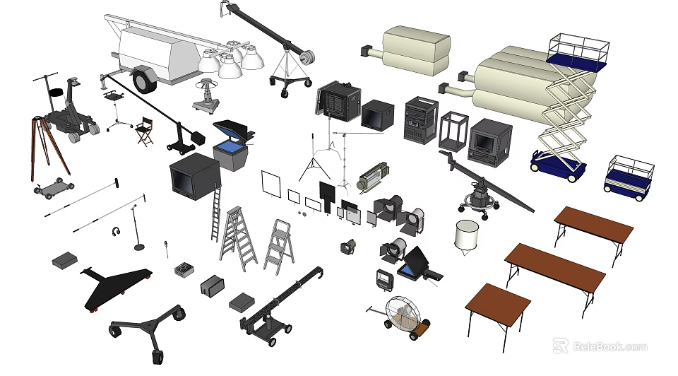 Projection Monitoring Equipment With Various Devices Stands Tools And Accessories 3d model 