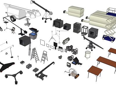 Projection Monitoring Equipment With Various Devices Stands Tools And Accessories 3d model
