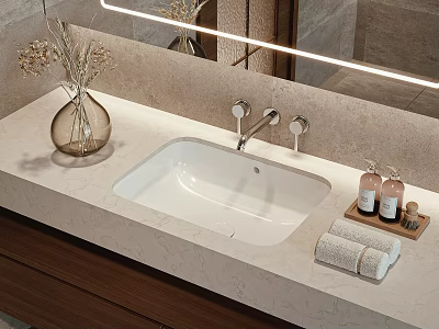 Modern Bathroom Sink With Marble Countertop Faucet Dried Flowers Soap Bottles And Rolled Towels 3d model