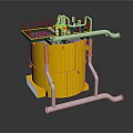 Yellow Cylindrical Industrial Equipment With Top Platform Railings And Connecting Pipes