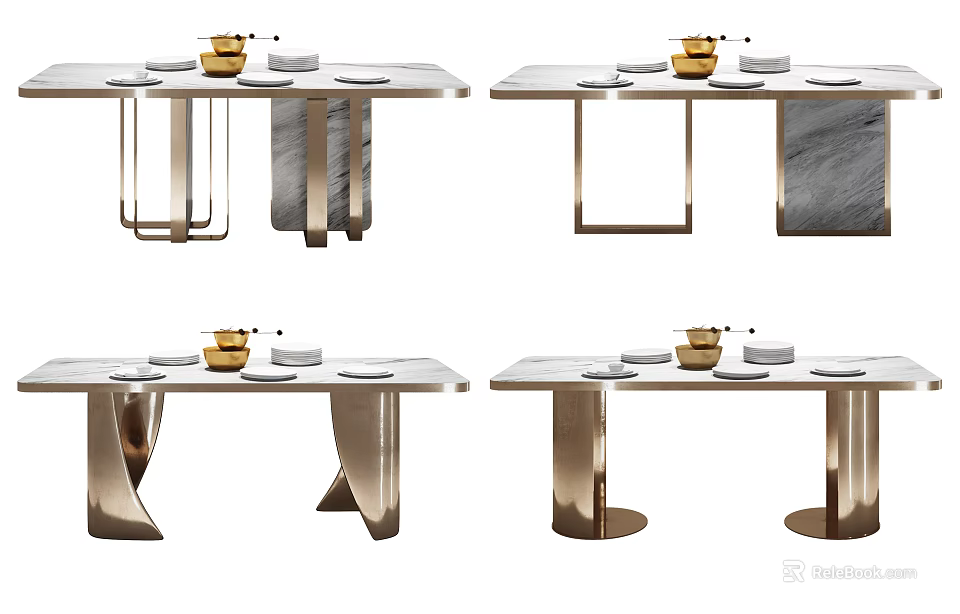 Modern Stylish Dining Table Design With Marble Top Metal Legs And Tableware 3d model
