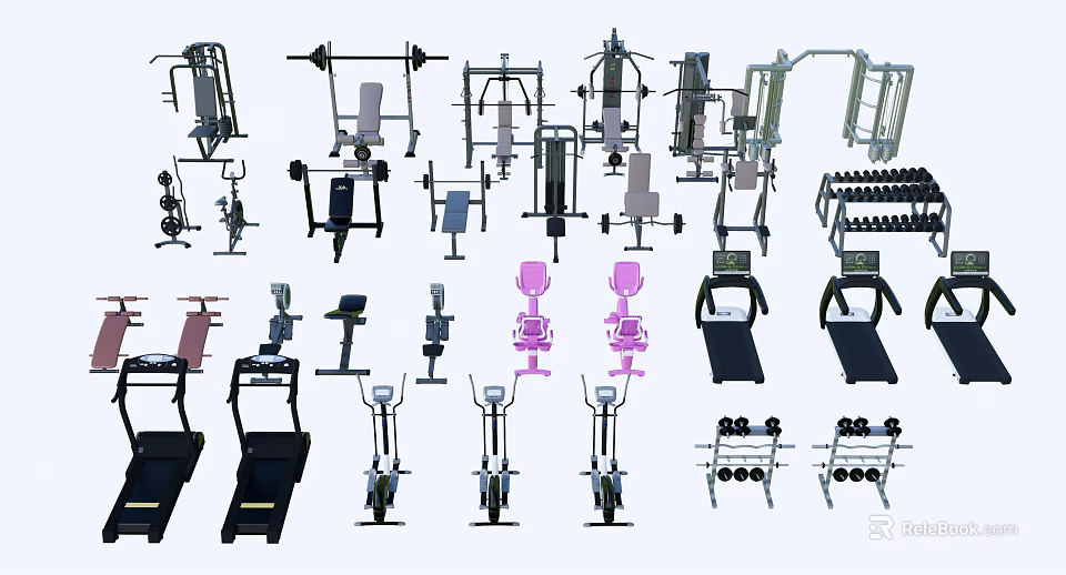 Various Sports Equipment Including Barbells Treadmills Dumbbells And Fitness Machines 3d model 