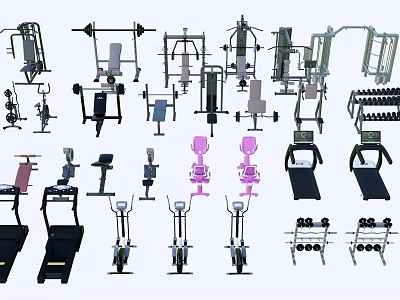 Various Sports Equipment Including Barbells Treadmills Dumbbells And Fitness Machines 3d model