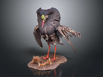 Lifelike Taxidermy Black Feathered Bird With Red Legs On Hay Base 3d model